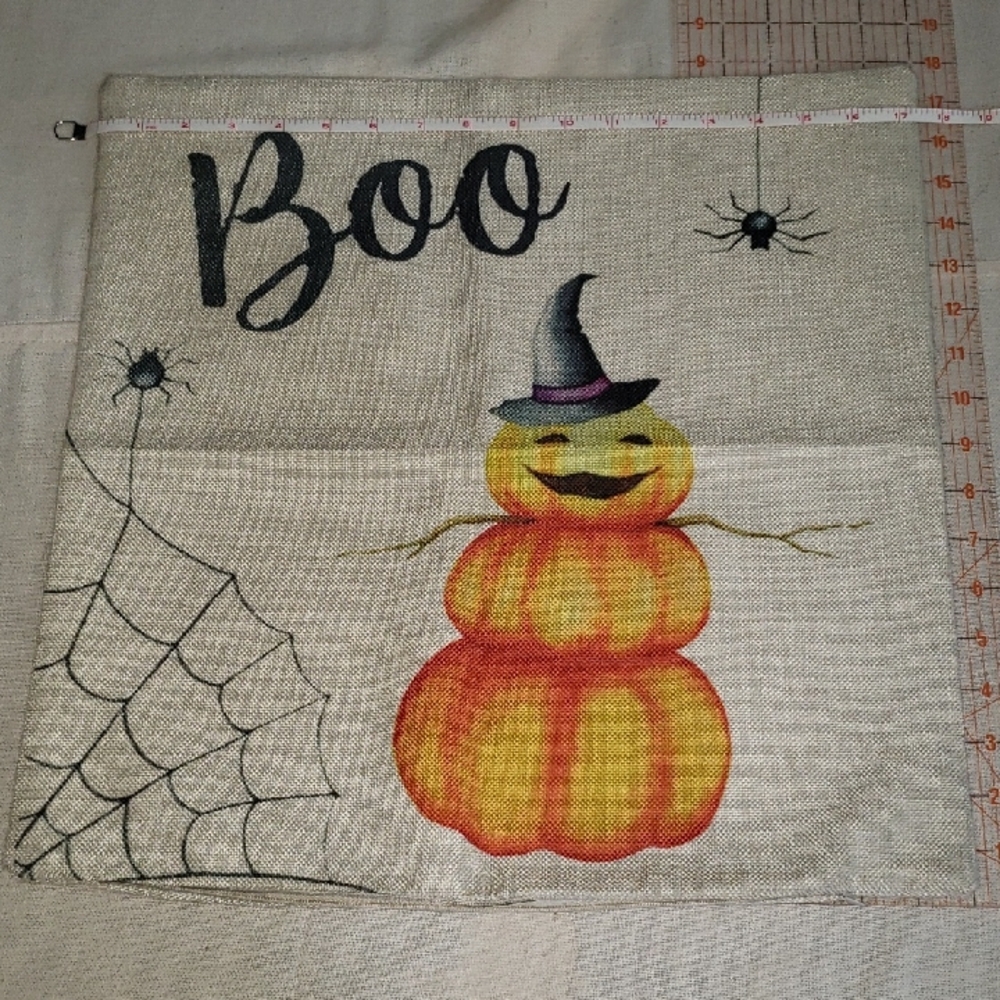 Halloween Boo Pillow Cover Jack O' Lantern Pumpkins Spiders Burlap Zip